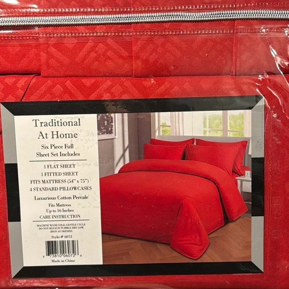 Traditional At Home 6pc Full Sheet Set Red Ruby Diamond embossed